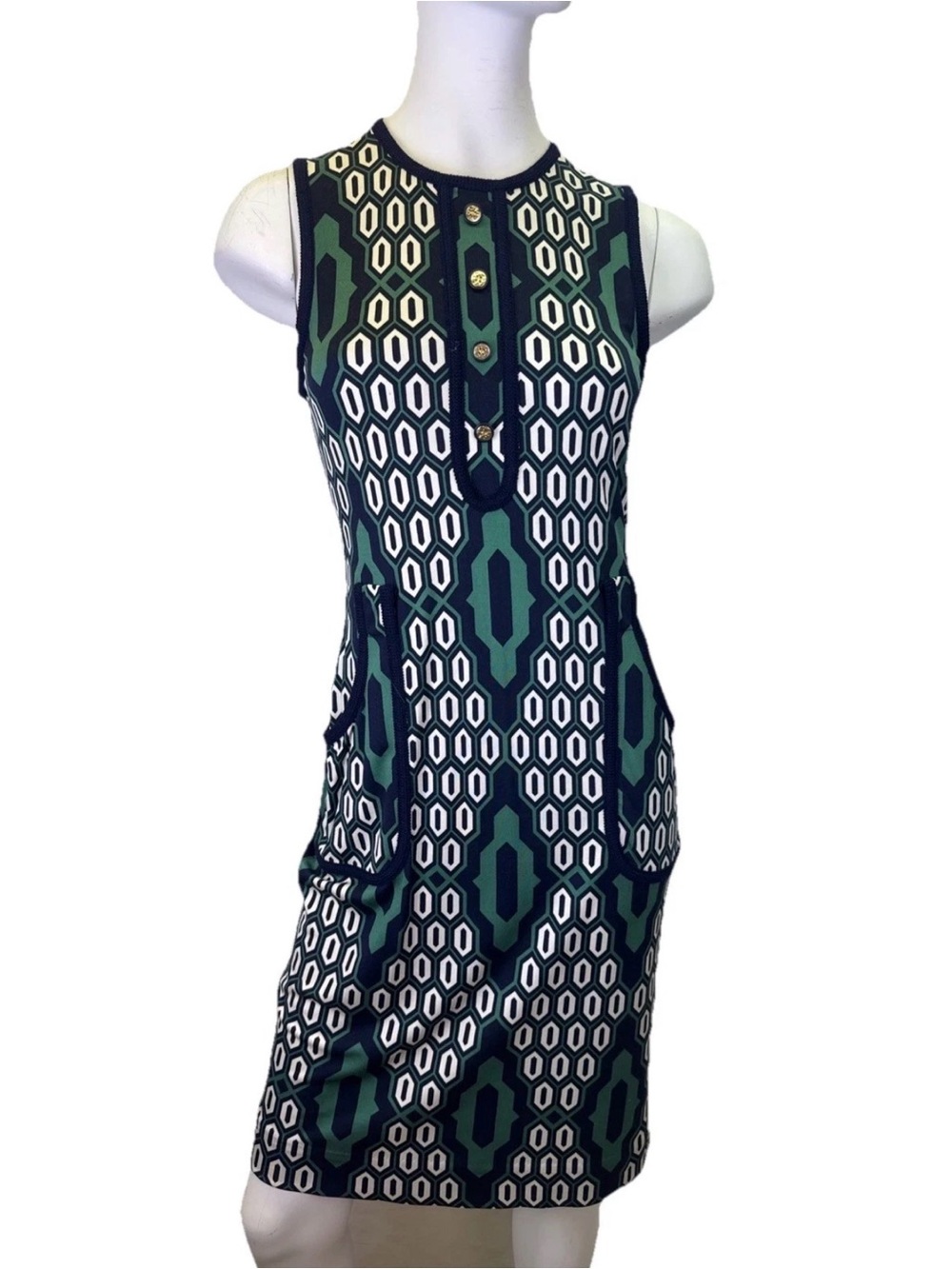 Tory Burch Green, Blue and White Geo Shift Dress